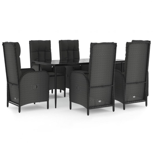 7 pcs conjunto de jantar p/ jardim c/ almofadões vime PE preto M 2