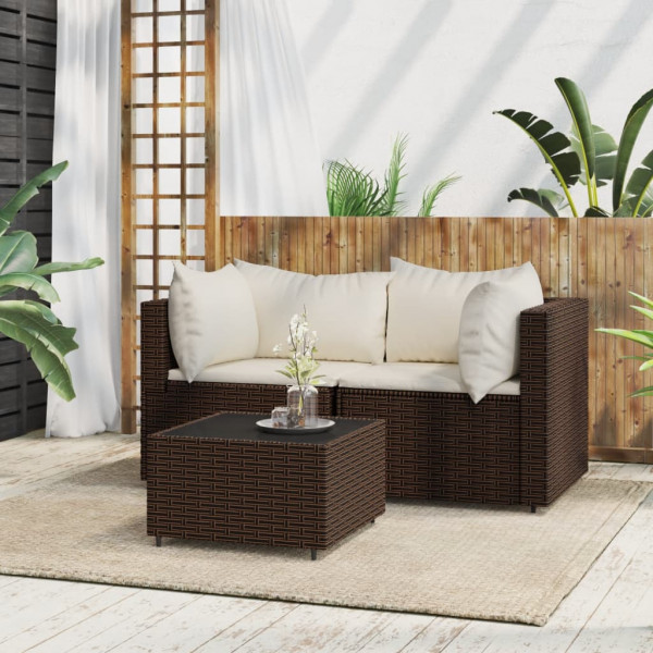 Set muebles de jardín 3 piezas y cojines ratán sintético marrón M 5