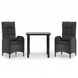 Set comedor de jardín 3 pzas con cojines ratán sintético negro H