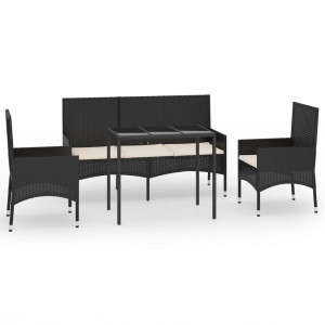 4 pcs conjunto lounge de jardim c/ almofadões vime PE preto H
