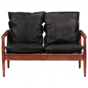 Sofá de 2 lugares couro genuíno e acácia maciça preto H