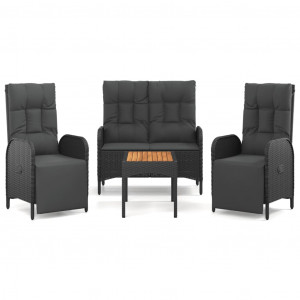 4 pcs conjunto de jardim p/ jardim c/ almofadões vime PE preto H