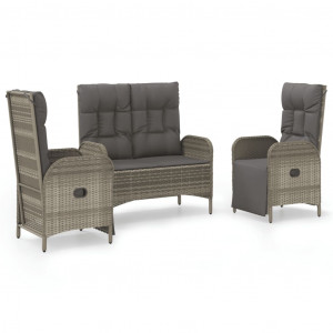 3 pcs conjunto de jantar p/ jardim c/ almofadões vime PE cinza H