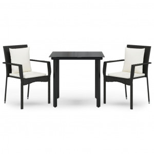 3 pcs conjunto de jantar p/ jardim c/ almofadões vime PE preto H