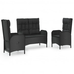 3 pcs conjunto de jantar p/ jardim c/ almofadões vime PE preto H