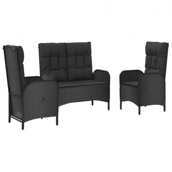 3 pcs conjunto de jantar p/ jardim c/ almofadões vime PE preto M 3