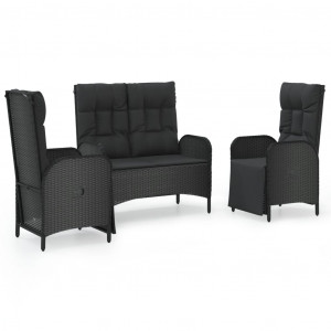3 pcs conjunto de jantar p/ jardim c/ almofadões vime PE preto H