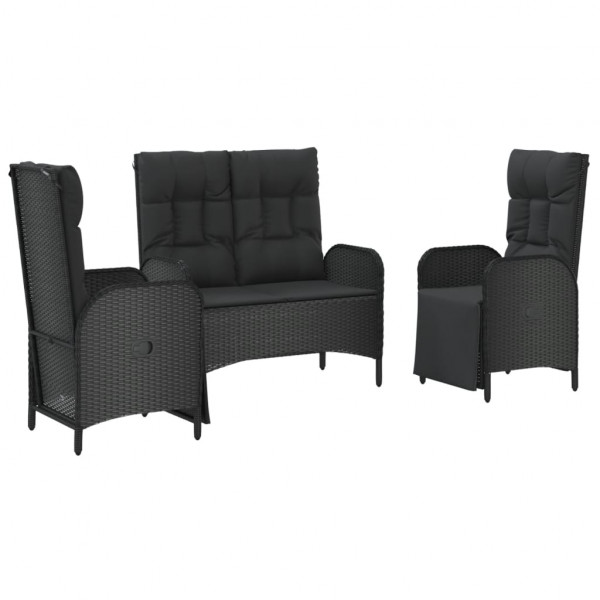 3 pcs conjunto de jantar p/ jardim c/ almofadões vime PE preto M 3