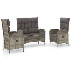 3 pcs conjunto de jantar p/ jardim c/ almofadões vime PE cinza H