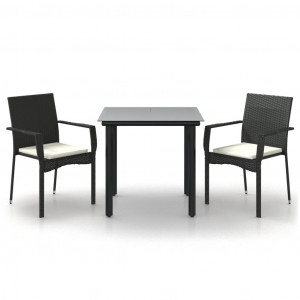 3 pcs conjunto de jantar p/ jardim c/ almofadões vime PE preto H