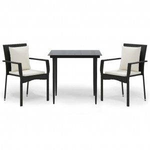 3 pcs conjunto de jantar p/ jardim c/ almofadões vime PE preto H