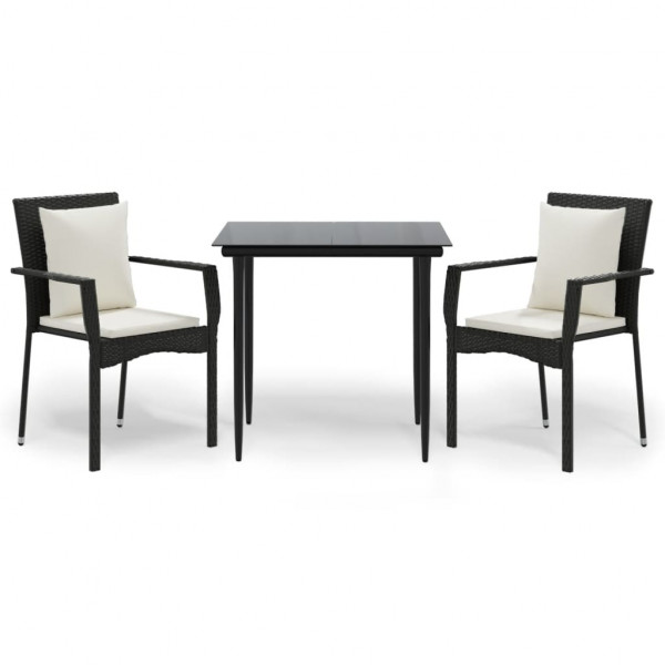 3 pcs conjunto de jantar p/ jardim c/ almofadões vime PE preto M 2