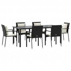 7 pcs conjunto de jantar p/ jardim c/ almofadões vime PE preto H