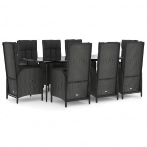 9 pcs conjunto de jantar p/ jardim c/ almofadões vime PE preto H