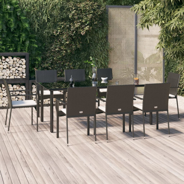 Set de comedor de jardín 9 pzas y cojines ratán sintético negro D