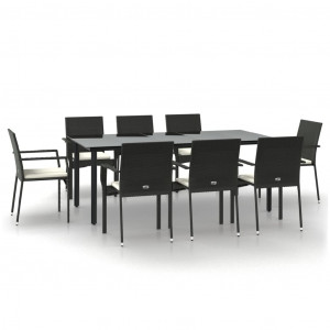 9 pcs conjunto de jantar p/ jardim c/ almofadões vime PE preto H