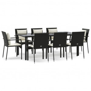 9 pcs conjunto de jantar p/ jardim c/ almofadões vime PE preto H