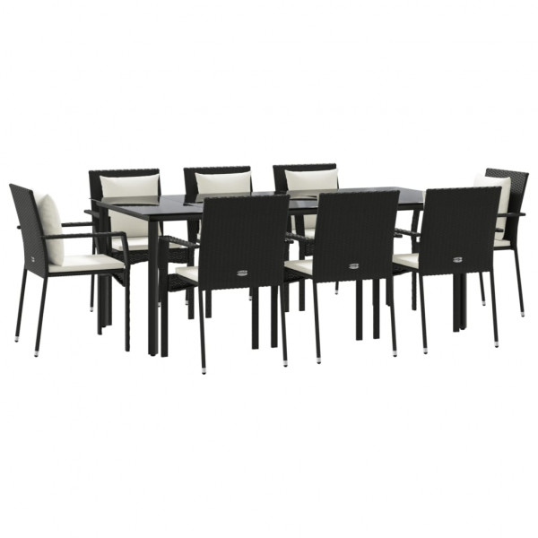 9 pcs conjunto de jantar p/ jardim c/ almofadões vime PE preto M 3