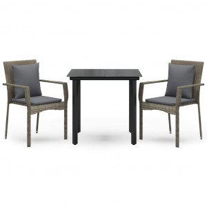 3 pcs conj. jantar p/ jardim c/ almofadões vime PE preto/cinza H