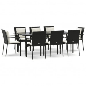 9 pcs conjunto de jantar p/ jardim c/ almofadões vime PE preto H