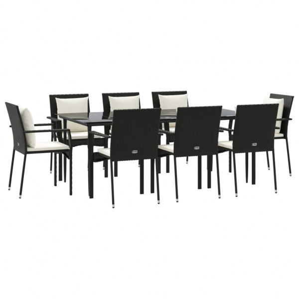 9 pcs conjunto de jantar p/ jardim c/ almofadões vime PE preto M 3
