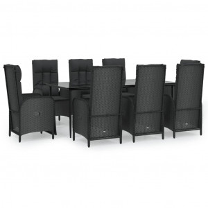 9 pcs conjunto de jantar p/ jardim c/ almofadões vime PE preto H