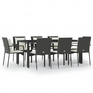 9 pcs conjunto de jantar p/ jardim c/ almofadões vime PE preto H