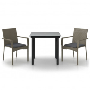 3 pcs conj. jantar p/ jardim c/ almofadões vime PE preto/cinza H