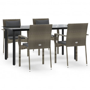 5 pcs conjunto jantar jardim c/ almofadões vime PE preto/cinza H