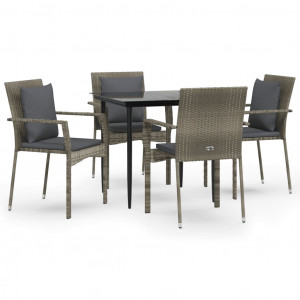 5 pcs conjunto jantar jardim c/ almofadões vime PE preto/cinza H