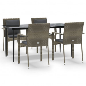 5 pcs conjunto jantar jardim c/ almofadões vime PE preto/cinza H