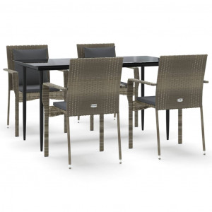 5 pcs conjunto jantar jardim c/ almofadões vime PE preto/cinza H