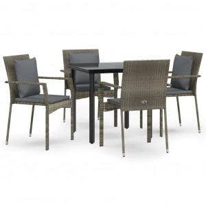 5 pcs conjunto jantar jardim c/ almofadões vime PE preto/cinza H