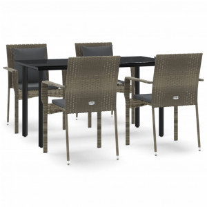 5 pcs conjunto jantar jardim c/ almofadões vime PE preto/cinza H