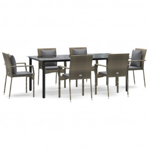 7 pcs conjunto jantar jardim c/ almofadões vime PE preto/cinza H