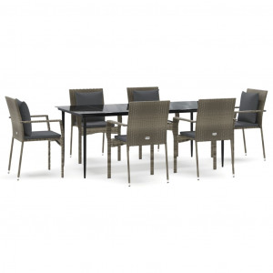 7 pcs conjunto jantar jardim c/ almofadões vime PE preto/cinza H
