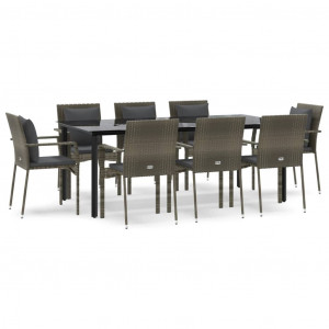 9 pcs conjunto jantar jardim c/ almofadões vime PE preto/cinza H