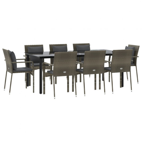 Set comedor jardín 9 pzas y cojines ratán sintético negro gris M 3