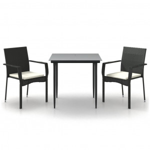 3 pcs conjunto de jantar p/ jardim c/ almofadões vime PE preto H