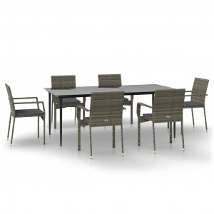 7 pcs conjunto jantar jardim c/ almofadões vime PE preto/cinza H