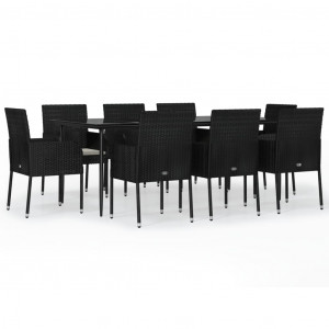 9 pcs conjunto de jantar p/ jardim c/ almofadões vime PE preto H