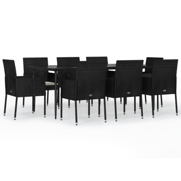 9 pcs conjunto de jantar p/ jardim c/ almofadões vime PE preto M 2