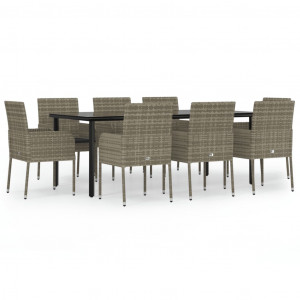 9 pcs conjunto jantar jardim c/ almofadões vime PE preto/cinza H