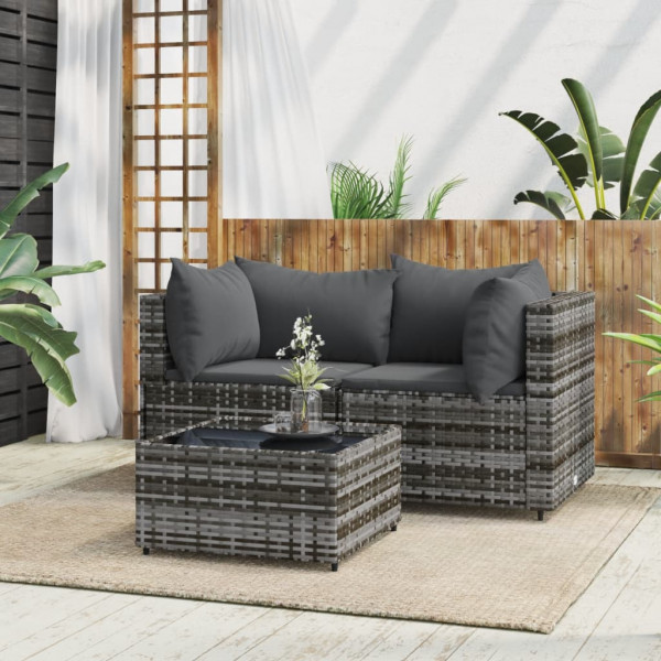 Set de muebles de jardín 3 pzas y cojines ratán sintético gris D