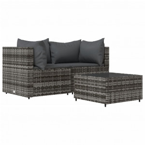 Set de muebles de jardín 3 pzas y cojines ratán sintético gris H