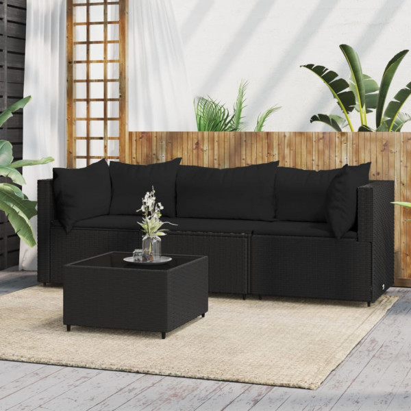 4 pcs conjunto lounge de jardim c/ almofadões vime PE preto D