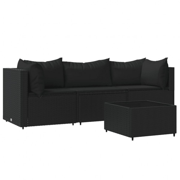 4 pcs conjunto lounge de jardim c/ almofadões vime PE preto M 2