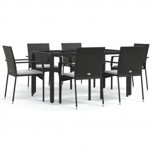 7 pcs conjunto de jantar p/ jardim c/ almofadões vime PE preto H