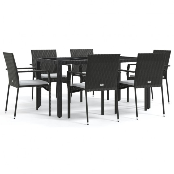 7 pcs conjunto de jantar p/ jardim c/ almofadões vime PE preto M 2