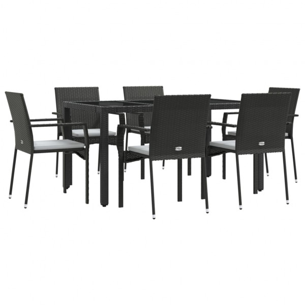 7 pcs conjunto de jantar p/ jardim c/ almofadões vime PE preto M 3